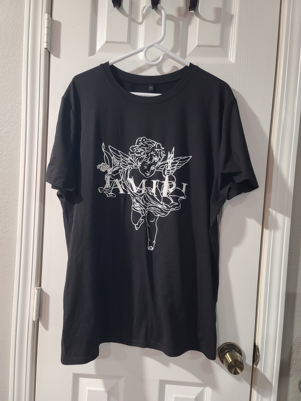 Mens Black Tee with White Cherub Graphic-XL
